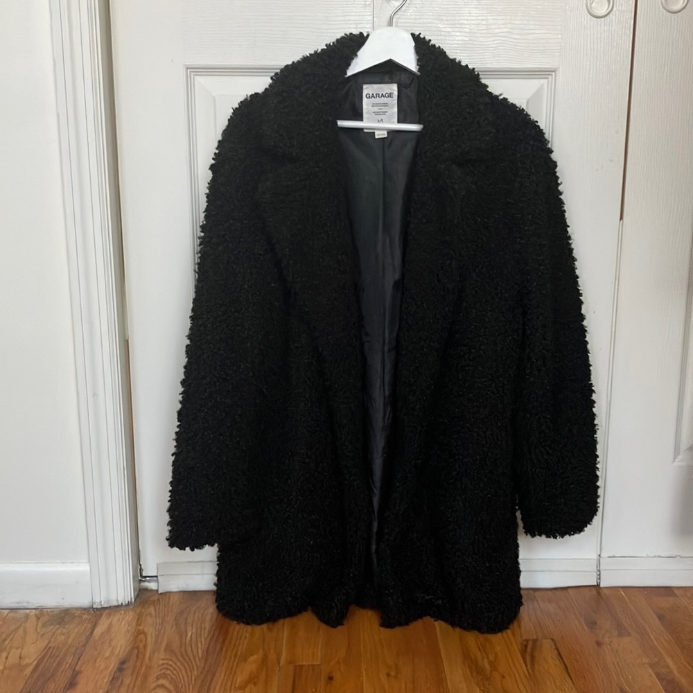 black faux fur coat with buttons